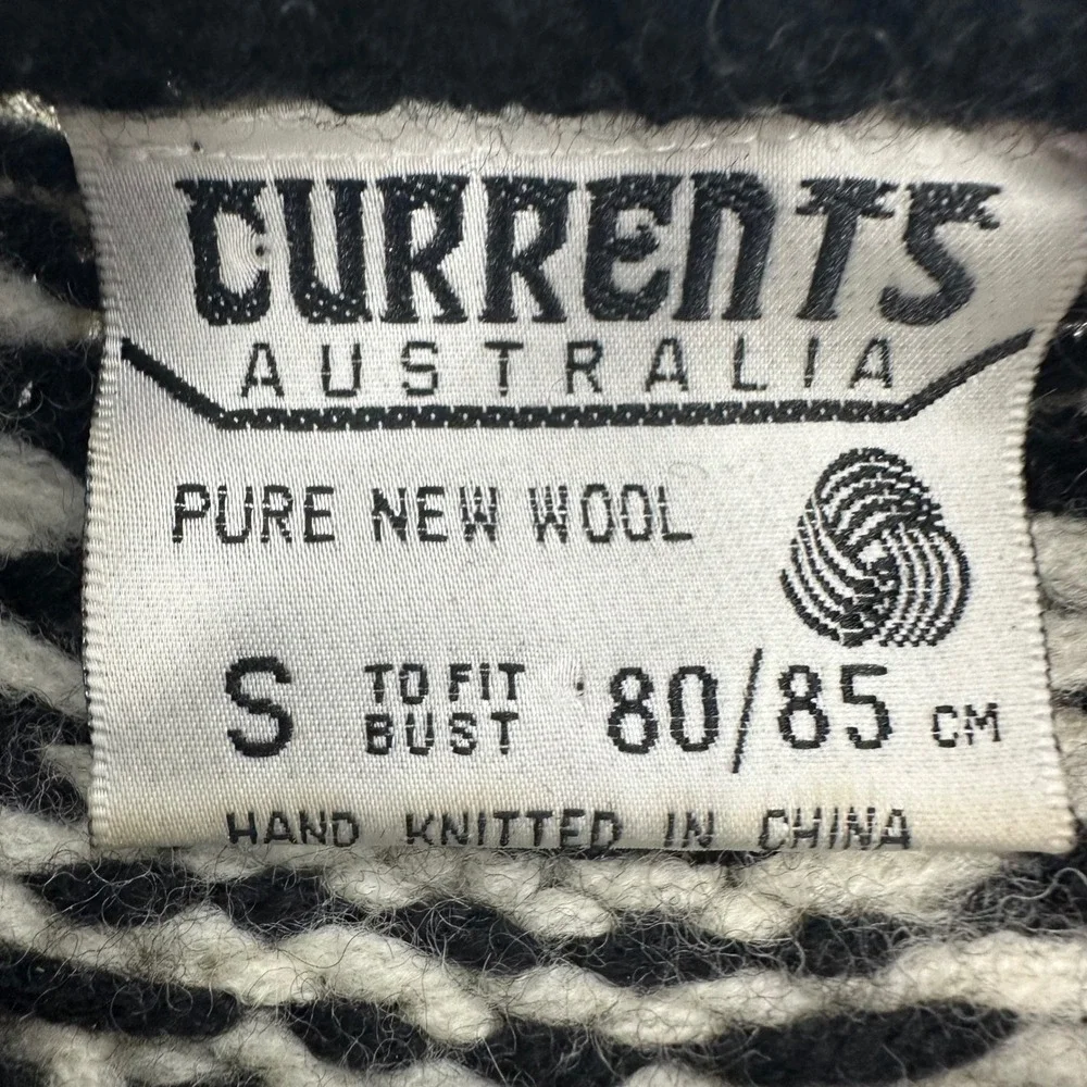 VTG Currents Australia Fair Isle Sweater Oversized Sz S‎ 100% Wool Black Cream
